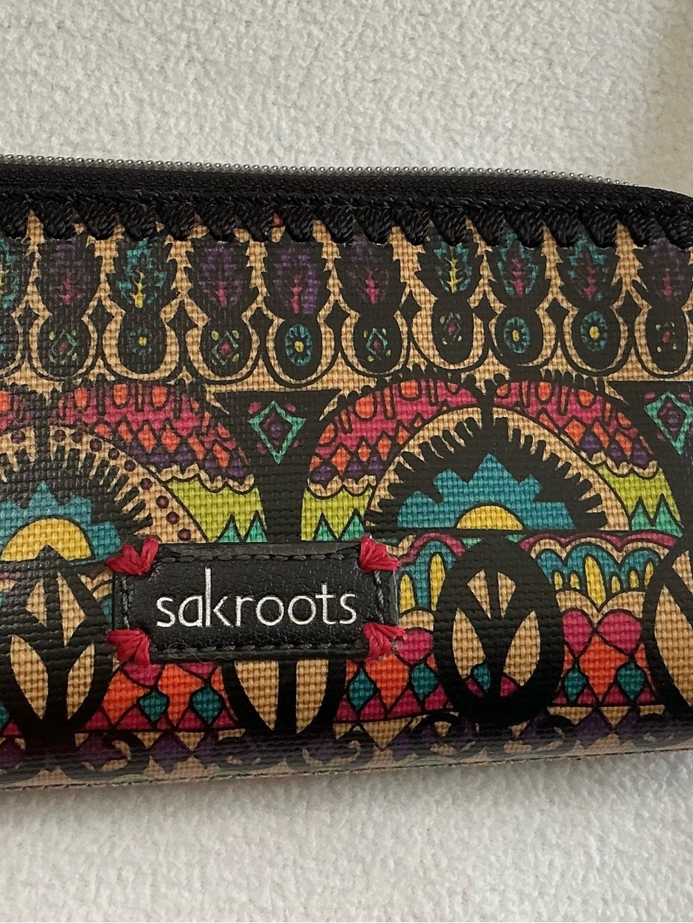 Sakroots Peace Print Double Zip Around Wallet Organizer Coated Canvas Boho